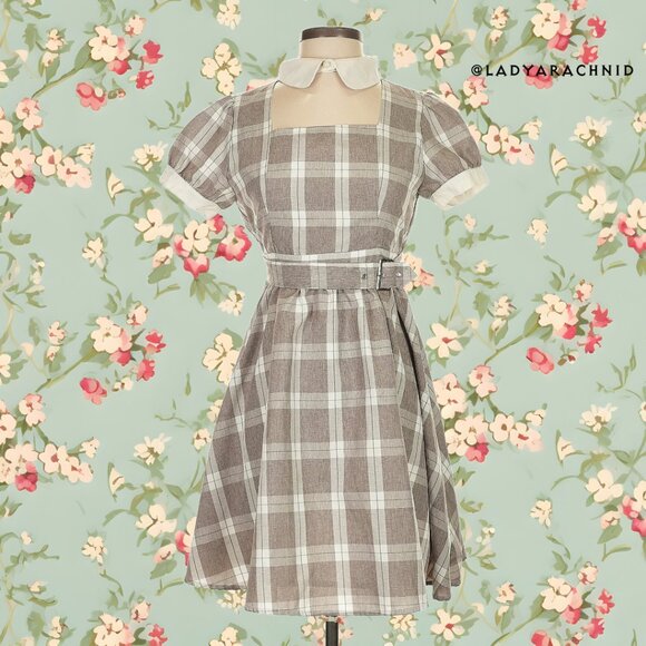 ANK ROUGE romantic casual beige check belted mini dress - Picture 1 of 6